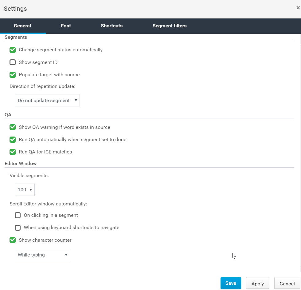 xtm workbench settings menu - general tab