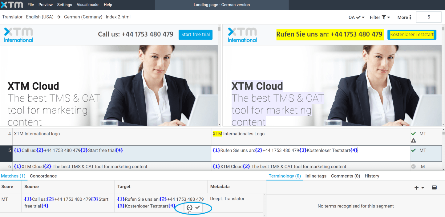 XTM Visual Editor - machine translation with inlines