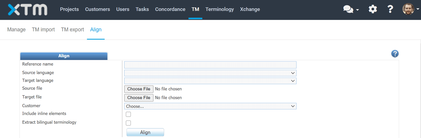XTM Cloud bilingual terminology extraction